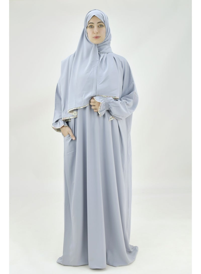  داماس كولكشن باس صلاة نسائي قطعة واحدة من قماش كريب فوكا فاخر مع وشاح متصل وجيب – ملابس صلاة شرعية مريحة - Image 1